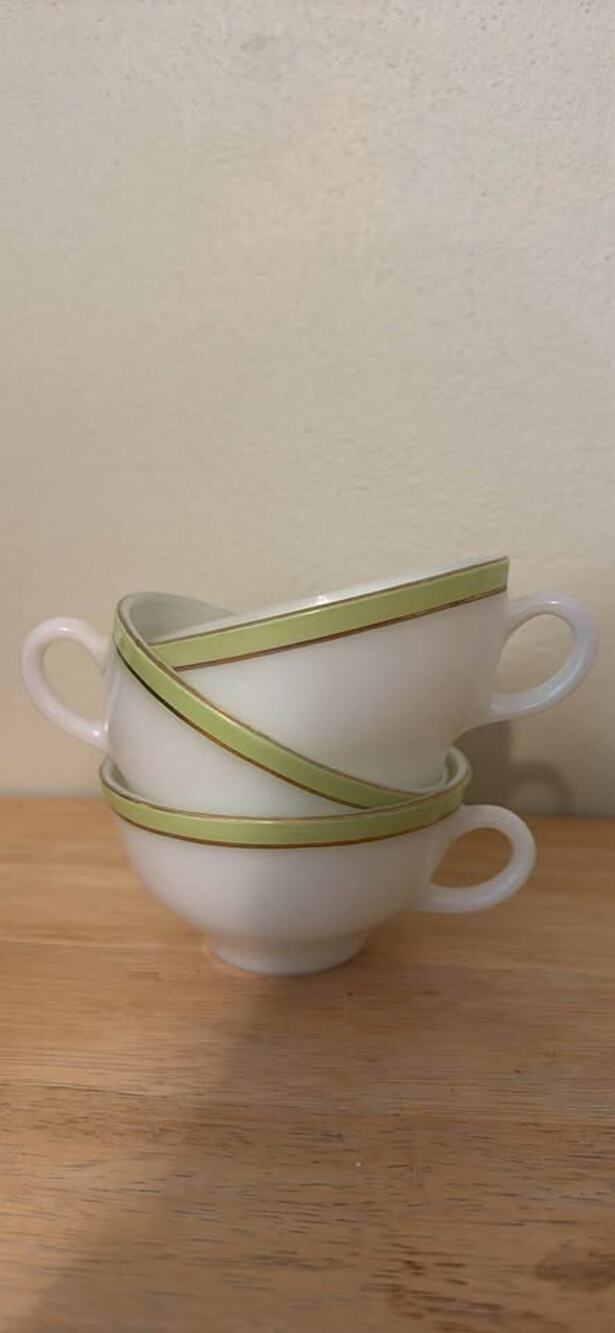 Pyrex Vintage Milk Glass Cups Green Gold Trim Set of 3